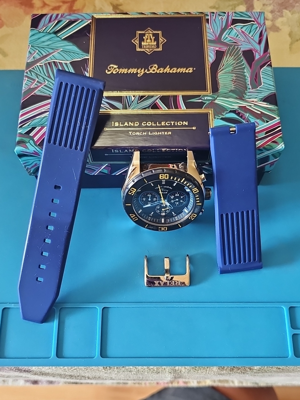 Tommy Bahama Blue and Gold Chronograph Watch with Blue Silicone Bands